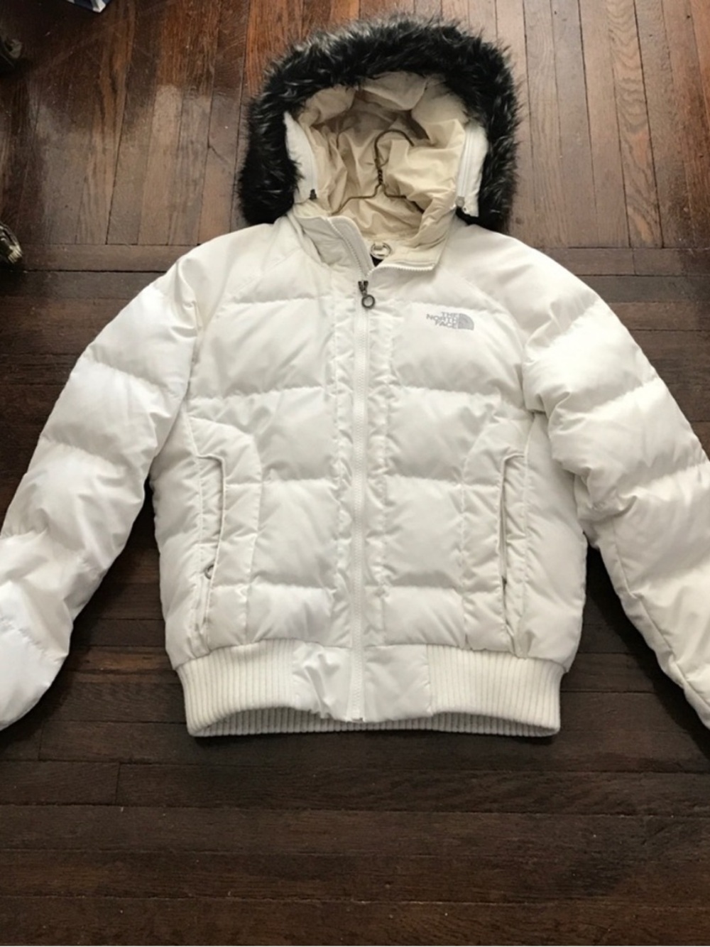 The North Face Cream-White Hooded Puffer Jacket with Faux Fur Trim
